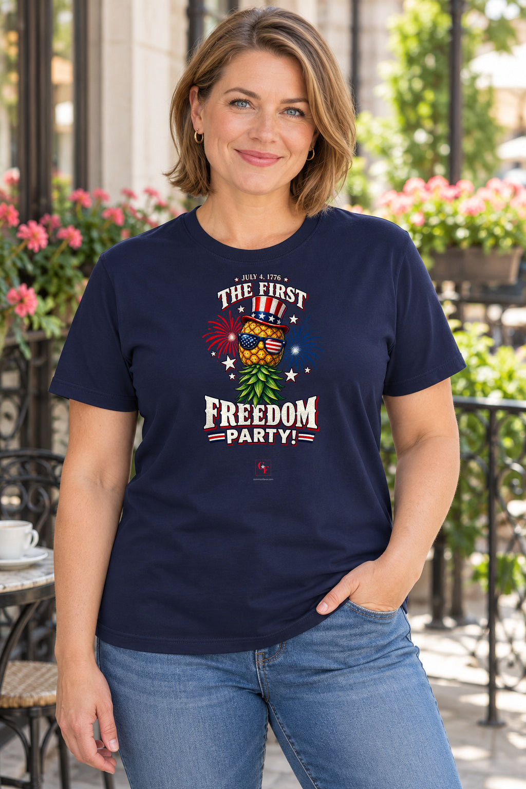First Freedom Party Tee in Navy, lifestyle model mockup