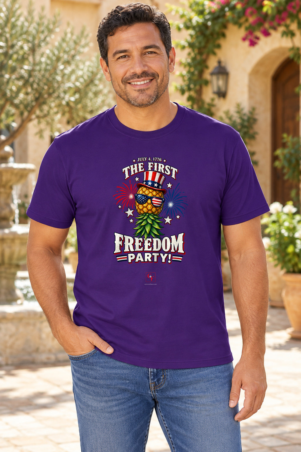 First Freedom Party Tee in Team Purple, lifestyle model mockup