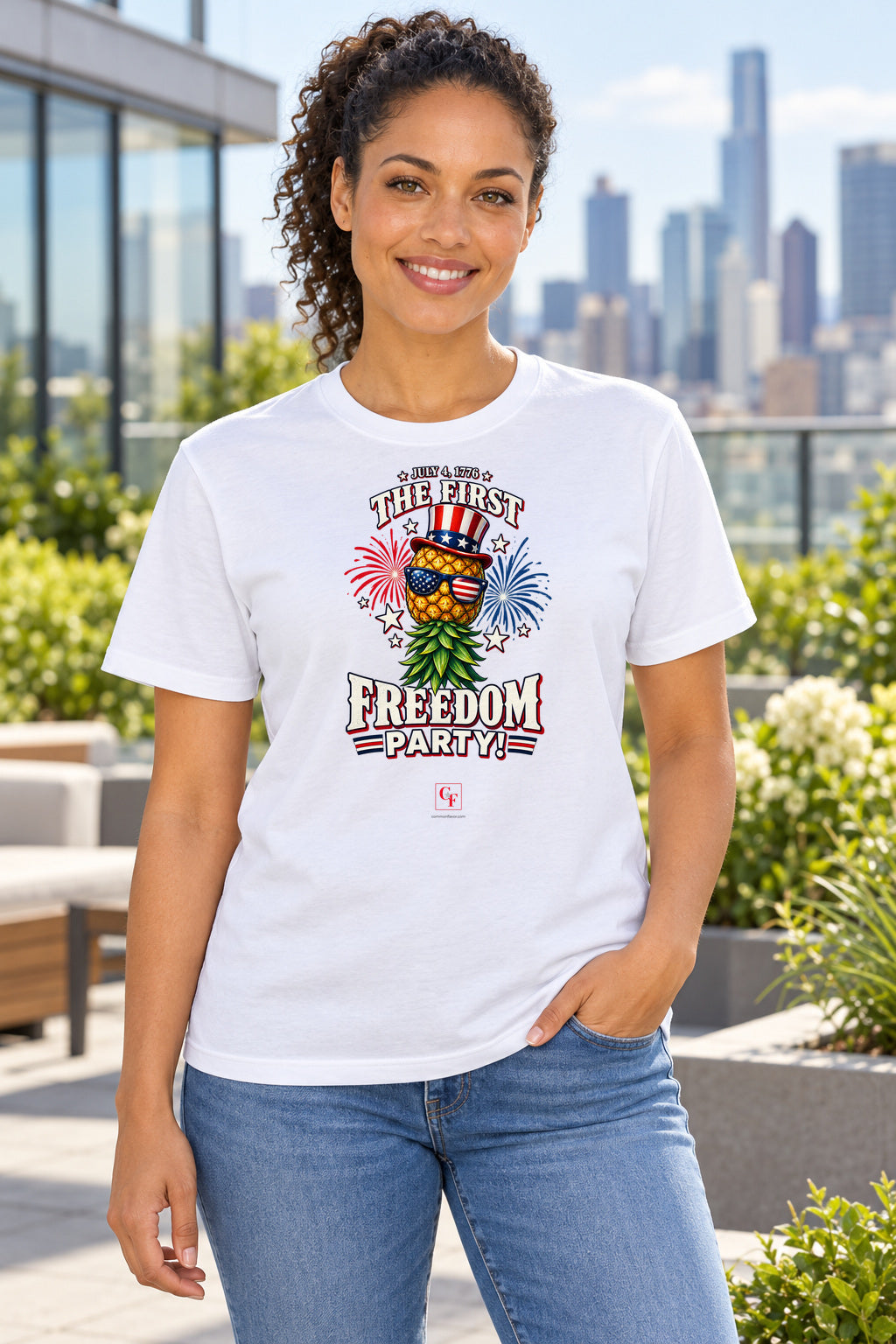 First Freedom Party Tee in White, lifestyle model mockup