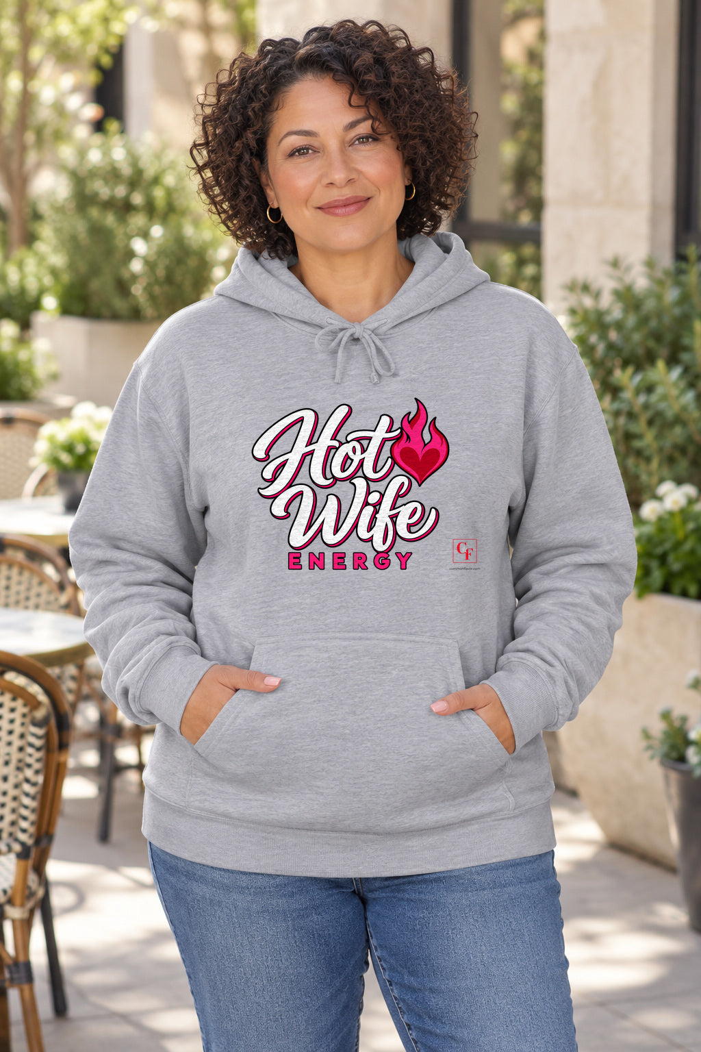 Hot Wife Energy Hoodie in Sport Grey on a model outdoors — Common Flavor