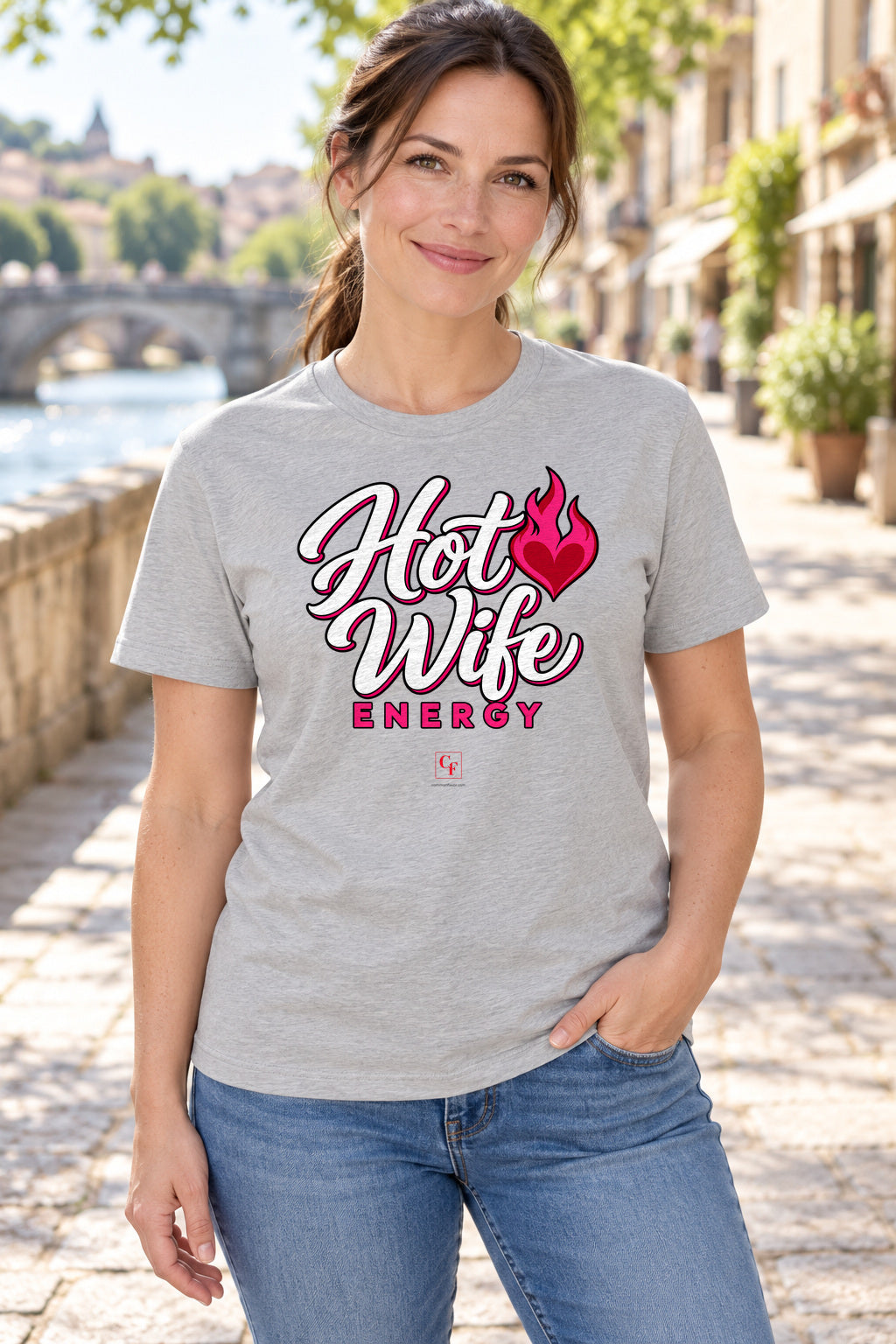 Hot Wife Energy Tee in Athletic Heather, lifestyle model mockup