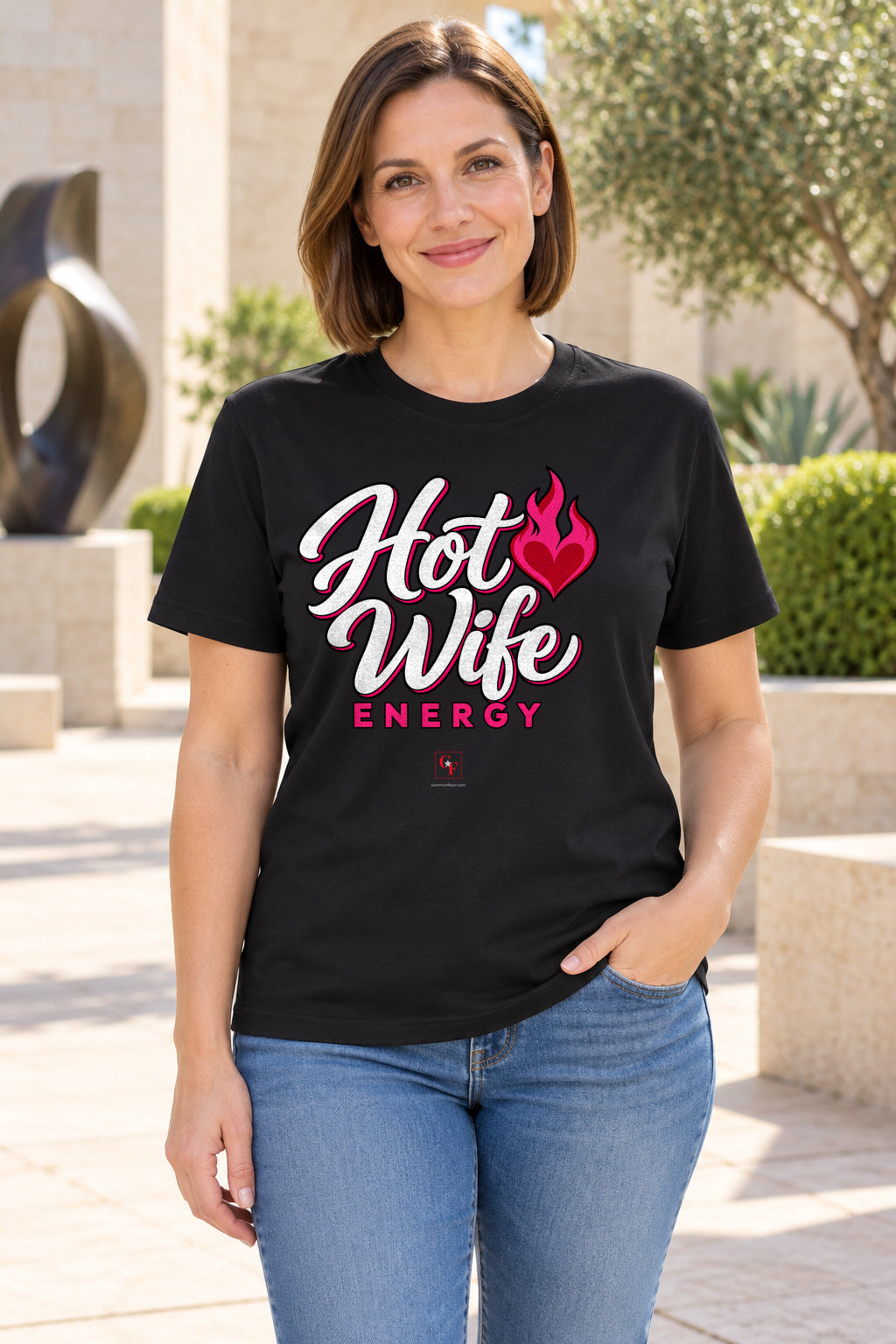 Hot Wife Energy Tee in Black, lifestyle model mockup