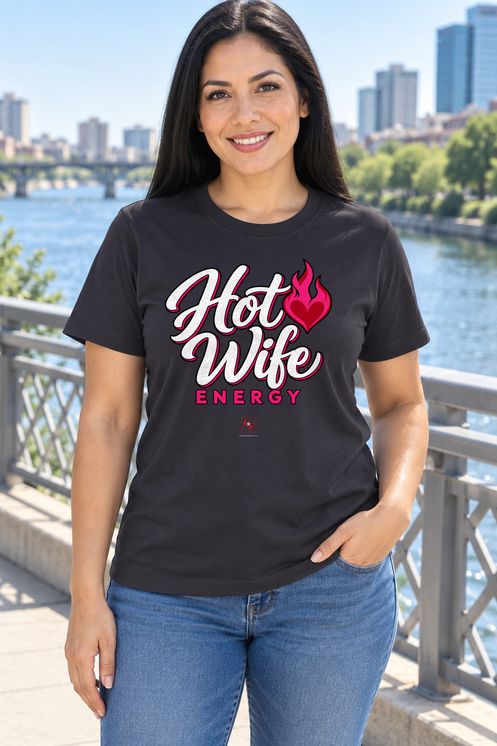 Hot Wife Energy Tee in Dark Grey, lifestyle model mockup