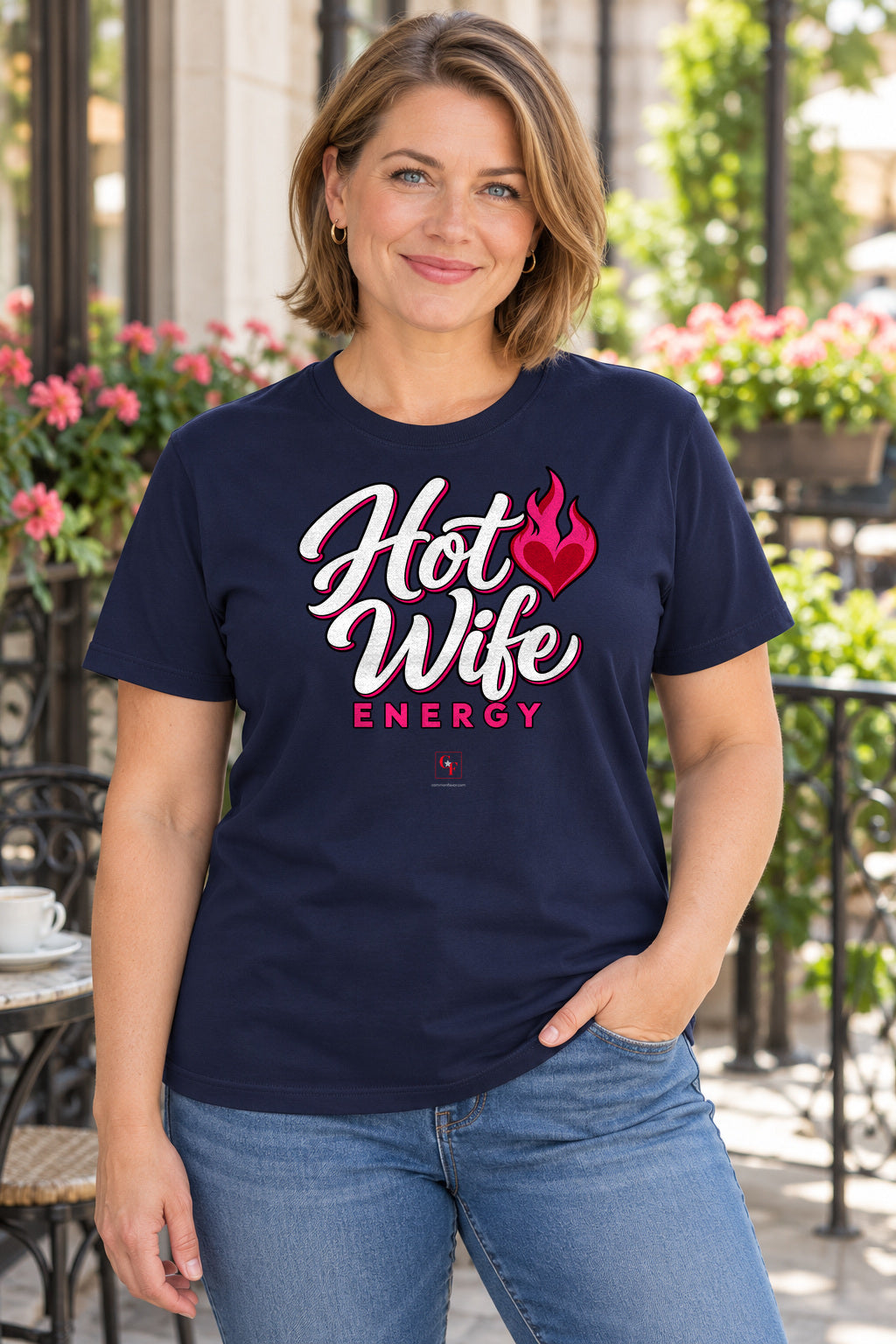 Hot Wife Energy Tee in Navy, lifestyle model mockup