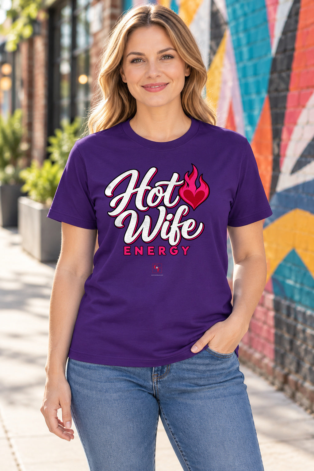 Hot Wife Energy Tee in Team Purple, lifestyle model mockup