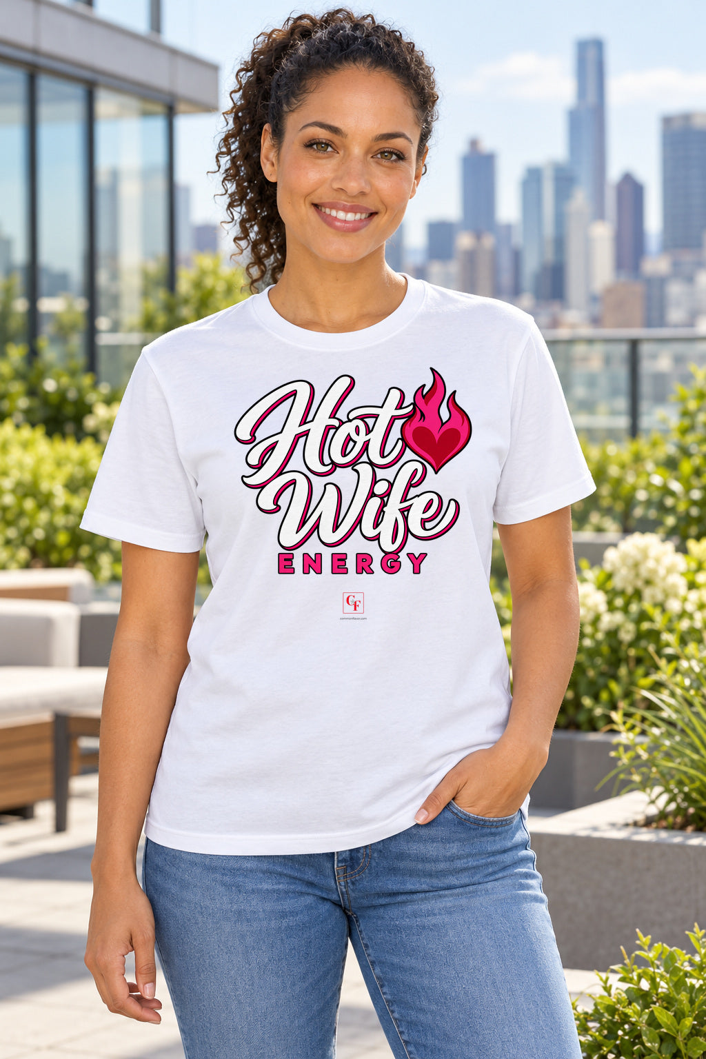Hot Wife Energy Tee in White, lifestyle model mockup