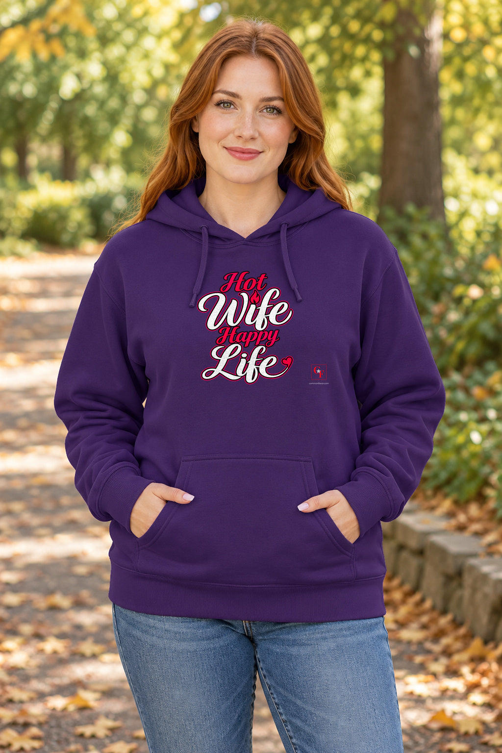 Hot Wife Happy Life Hoodie in Purple on a model outdoors — Common Flavor