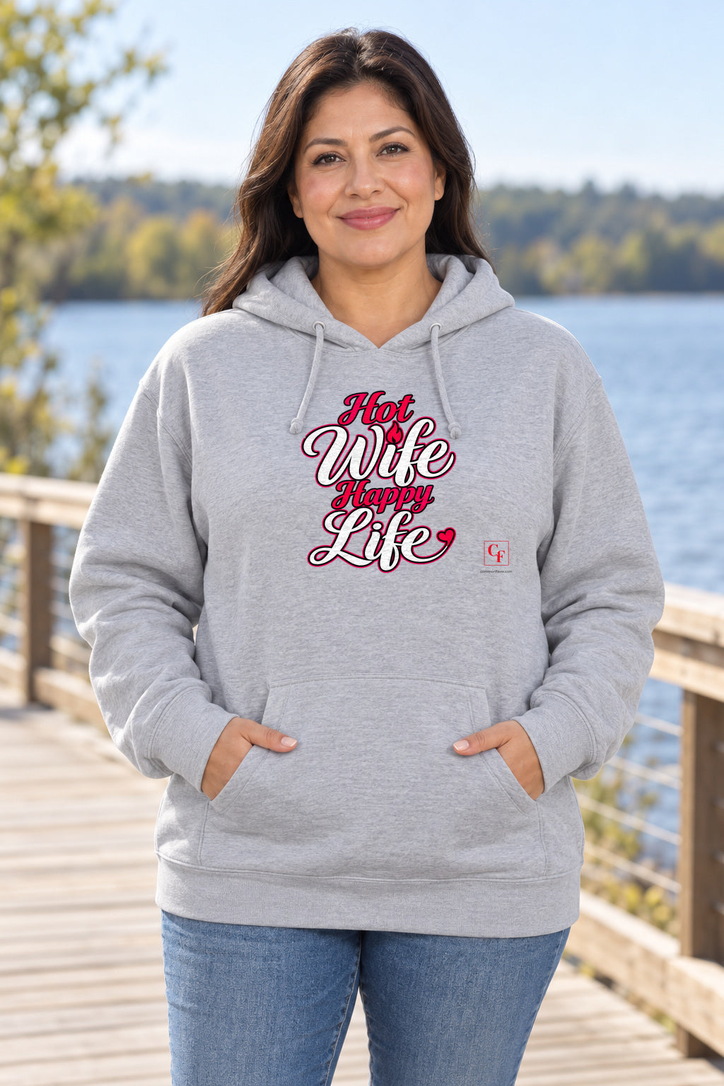 Hot Wife Happy Life Hoodie in Sport Grey on a model outdoors — Common Flavor