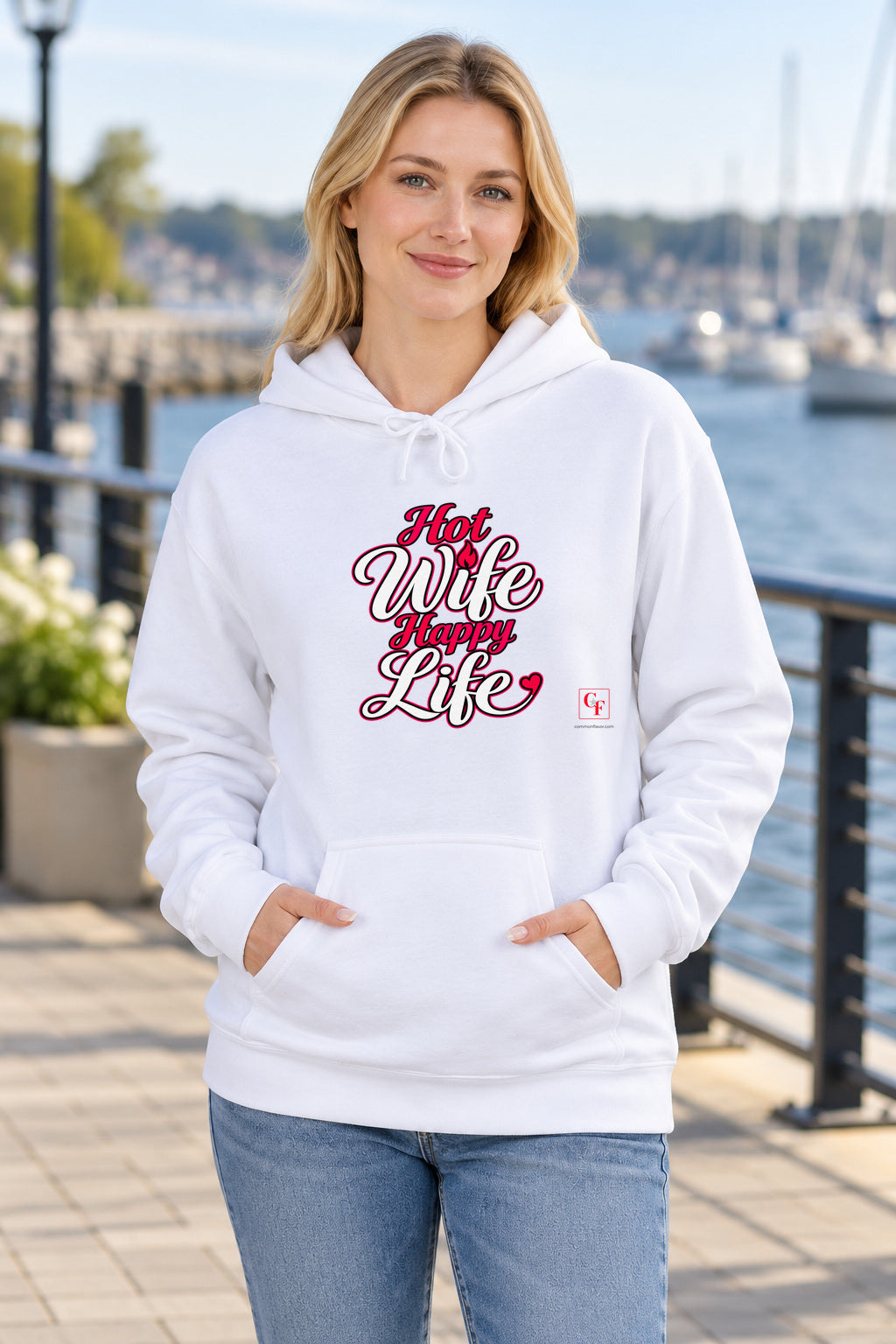 Hot Wife Happy Life Hoodie in White on a model outdoors — Common Flavor
