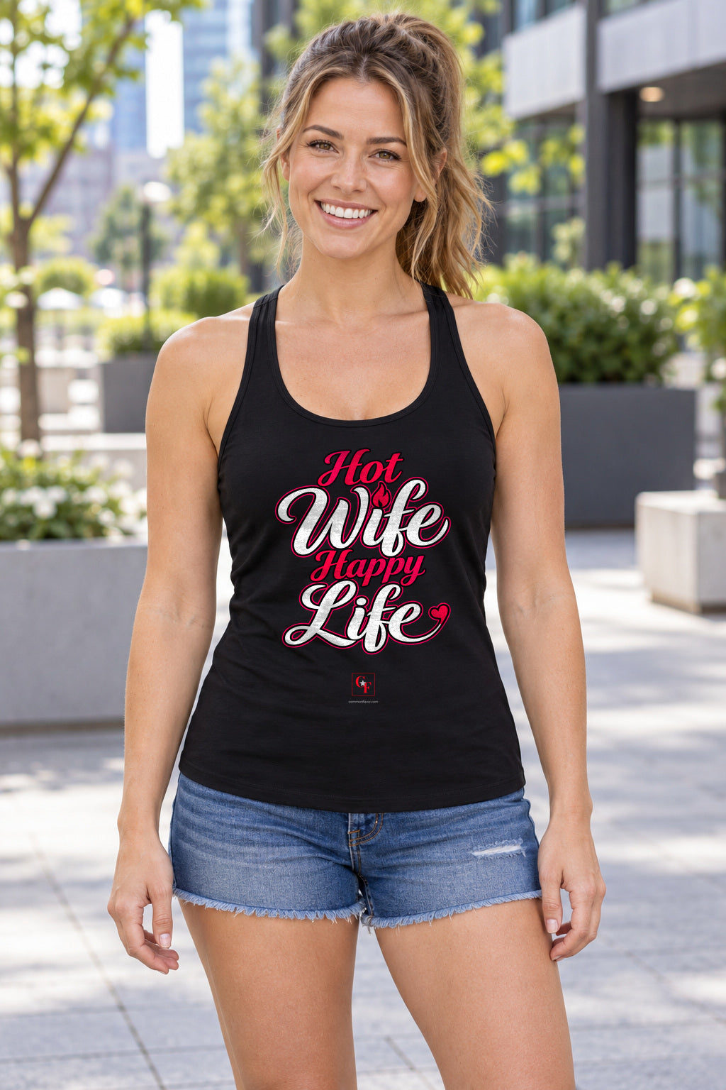 Hot Wife Happy Life Racerback Tank in Black, woman wearing the tank in a lifestyle setting