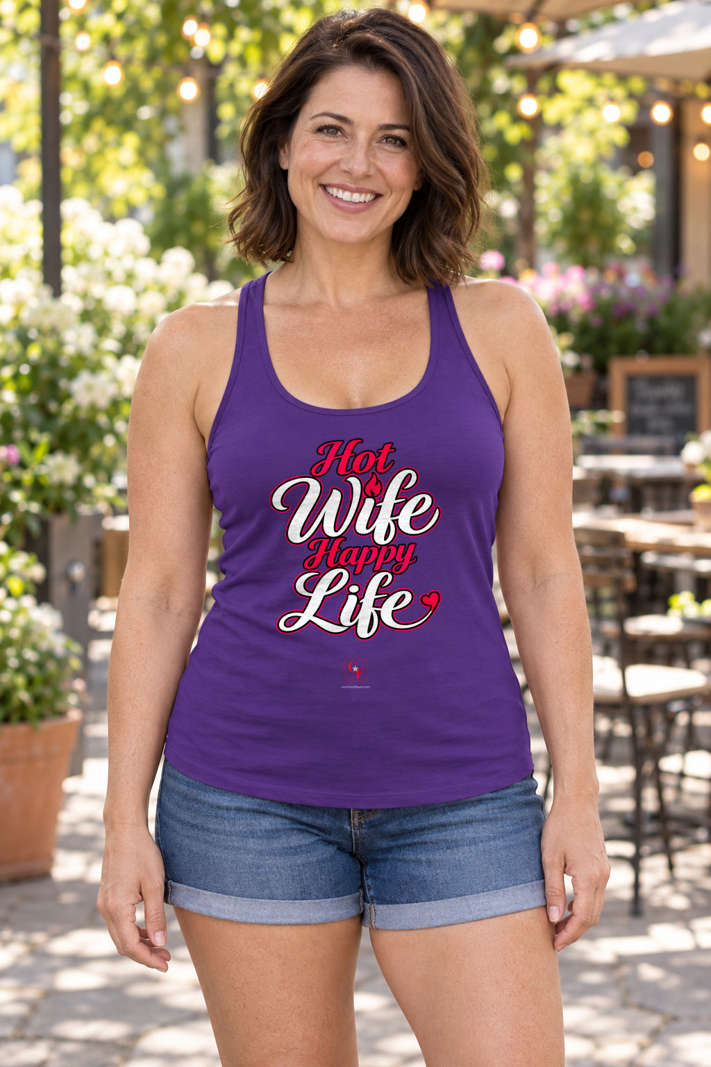 Hot Wife Happy Life Racerback Tank in Purple Rush, woman wearing the tank in a lifestyle setting
