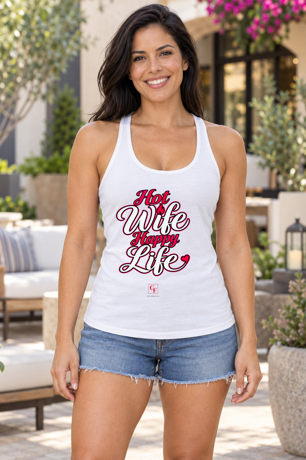 Hot Wife Happy Life Racerback Tank in White, woman wearing the tank in a lifestyle setting