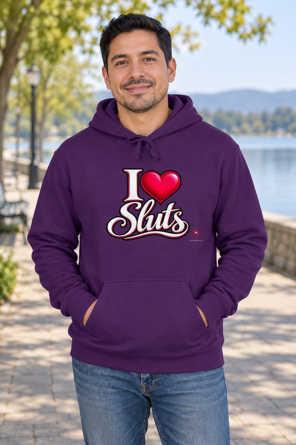 I Heart Sluts Hoodie in Purple on a model outdoors — Common Flavor