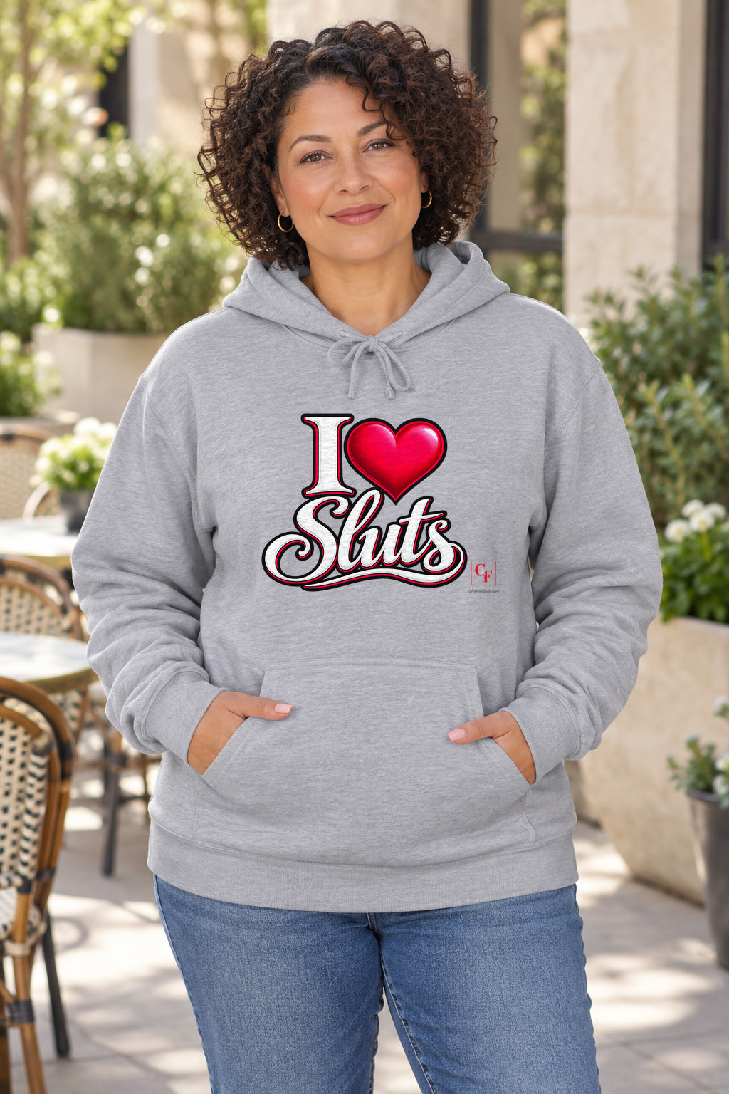 I Heart Sluts Hoodie in Sport Grey on a model outdoors — Common Flavor
