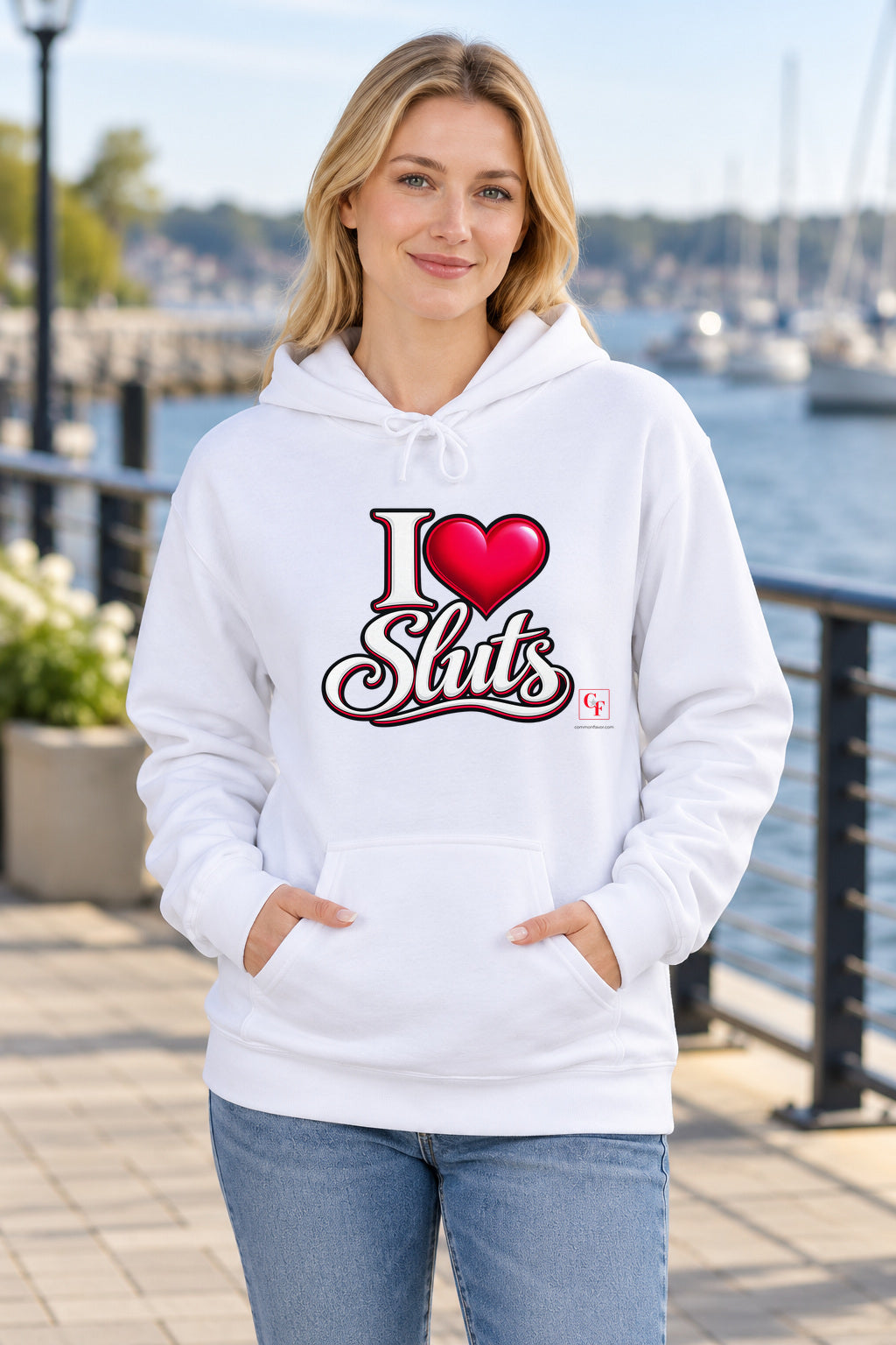 I Heart Sluts Hoodie in White on a model outdoors — Common Flavor