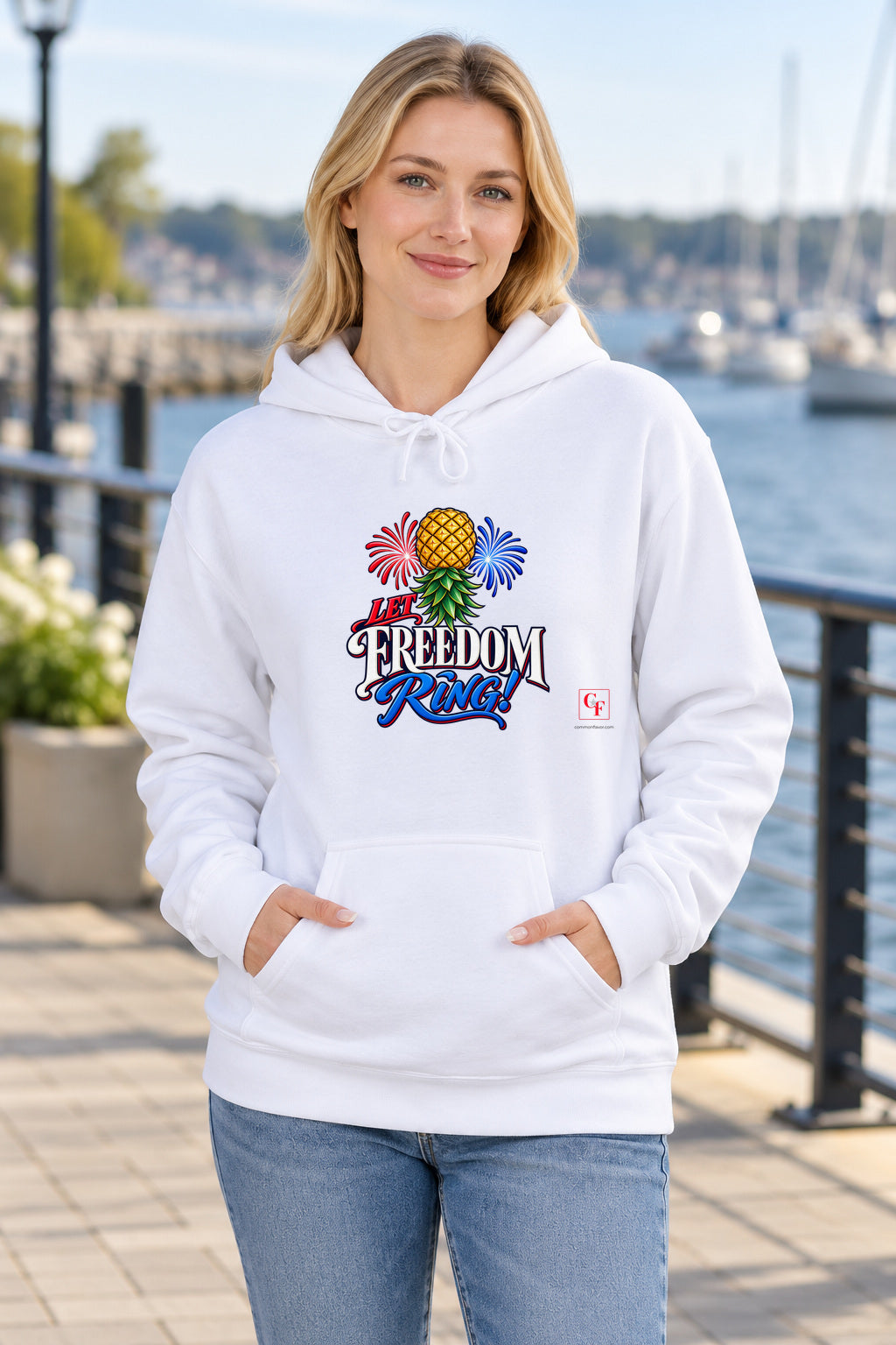 Let Freedom Ring Hoodie in White on a model outdoors — Common Flavor