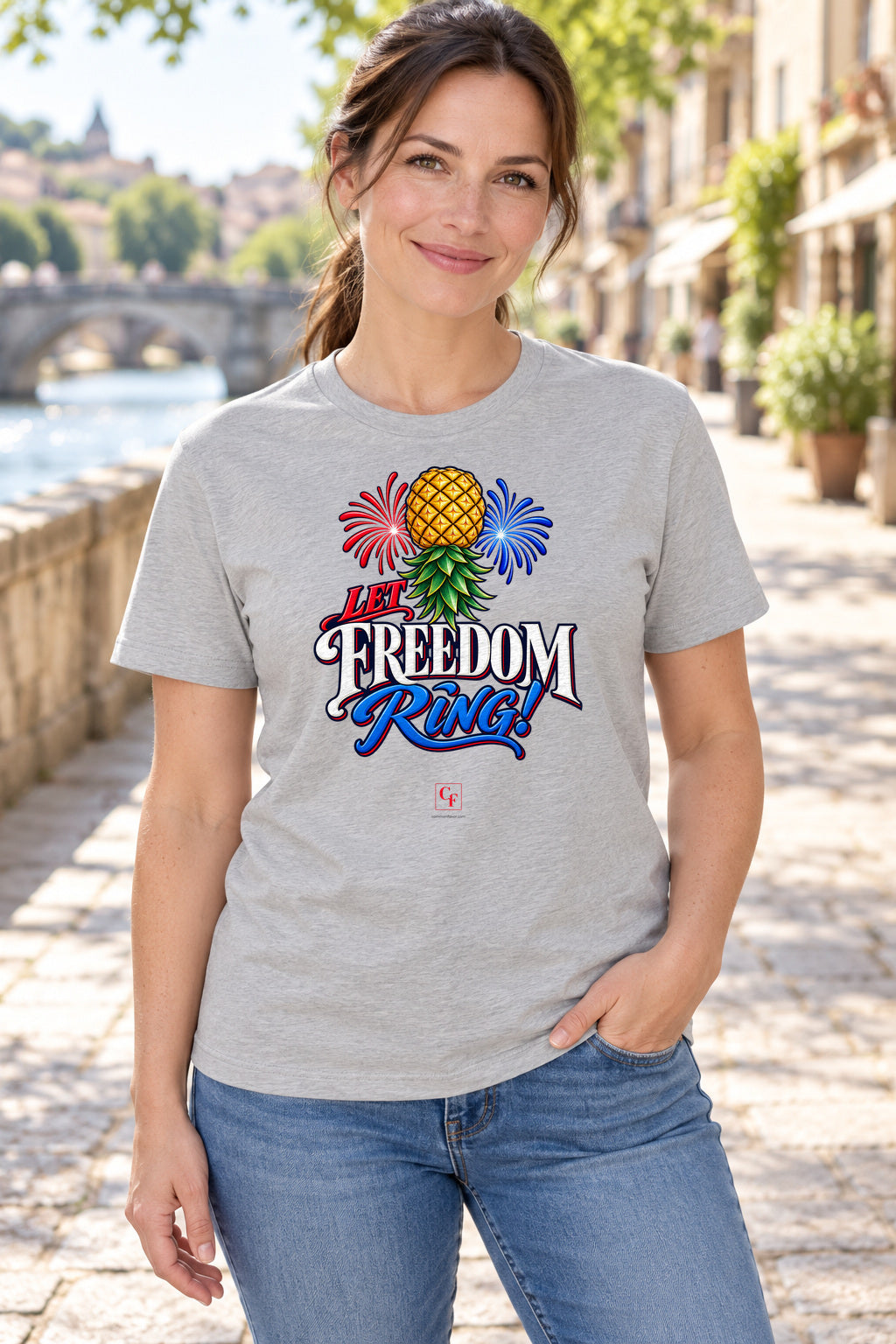 Let Freedom Ring Tee in Athletic Heather, lifestyle model mockup
