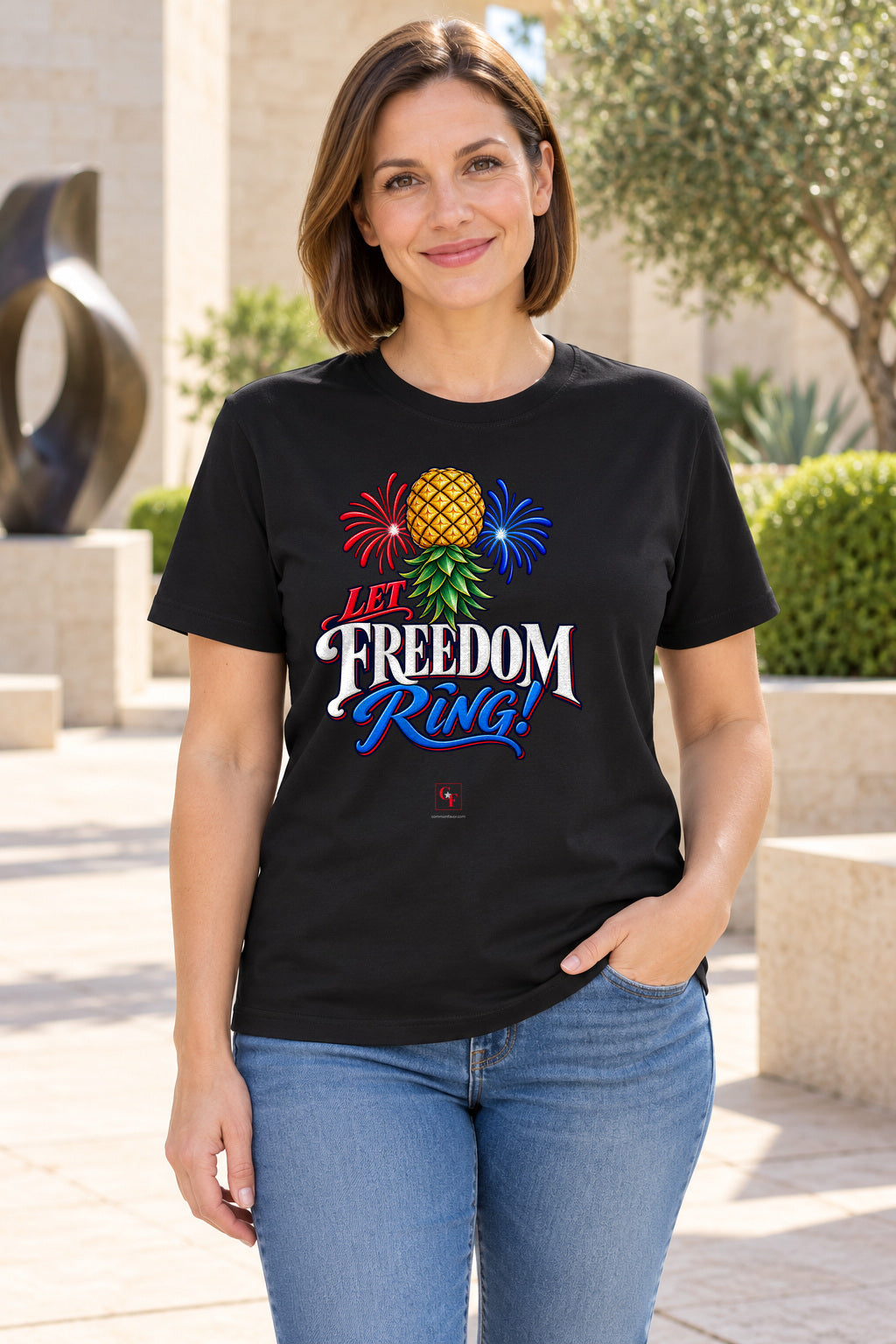 Let Freedom Ring Tee in Black, lifestyle model mockup