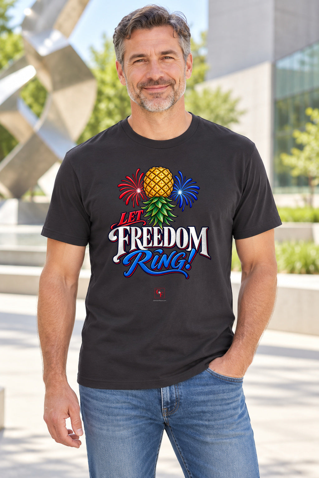 Let Freedom Ring Tee in Dark Grey, lifestyle model mockup