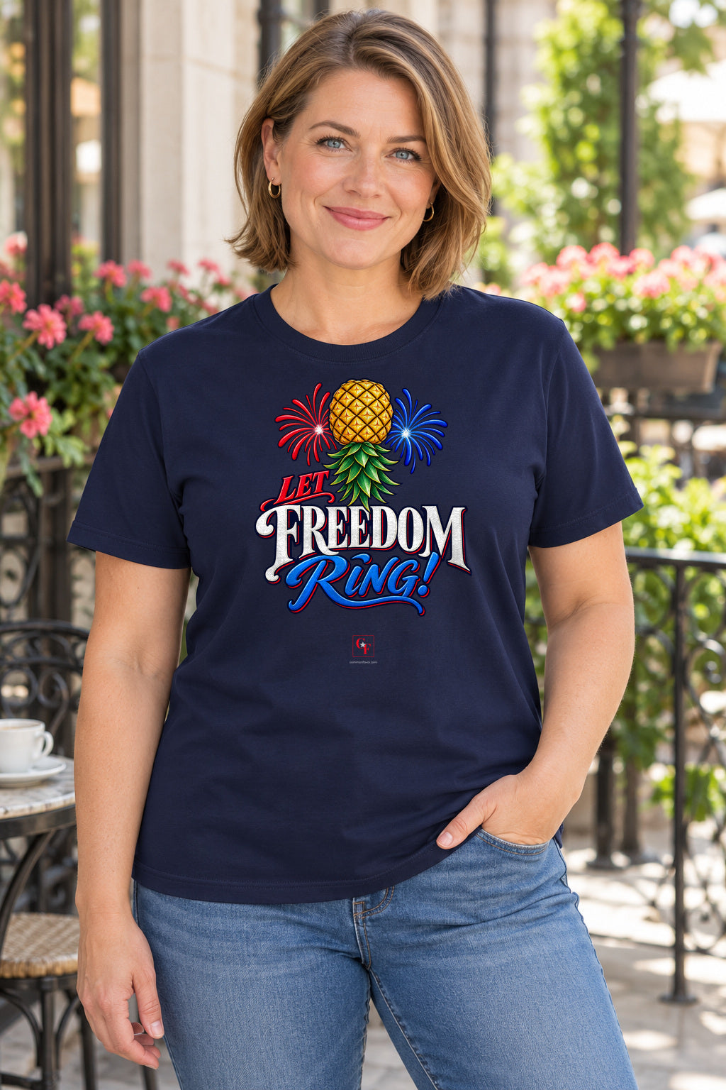 Let Freedom Ring Tee in Navy, lifestyle model mockup