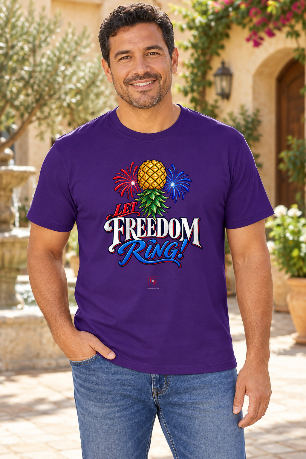 Let Freedom Ring Tee in Team Purple, lifestyle model mockup