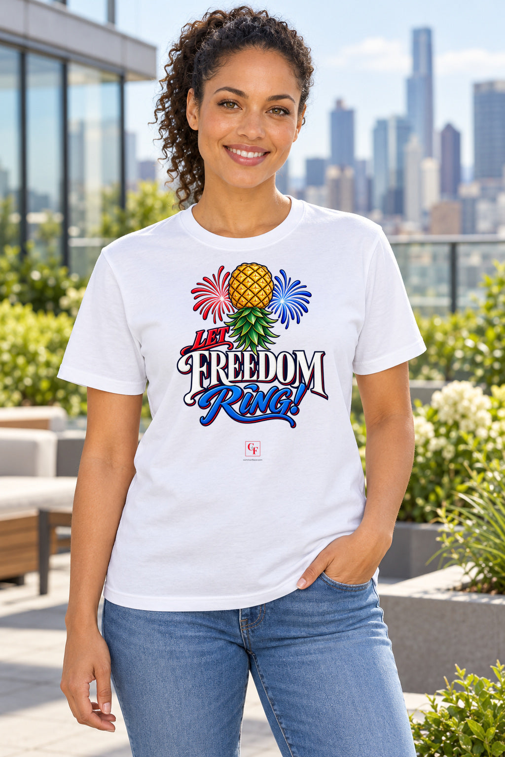 Let Freedom Ring Tee in White, lifestyle model mockup