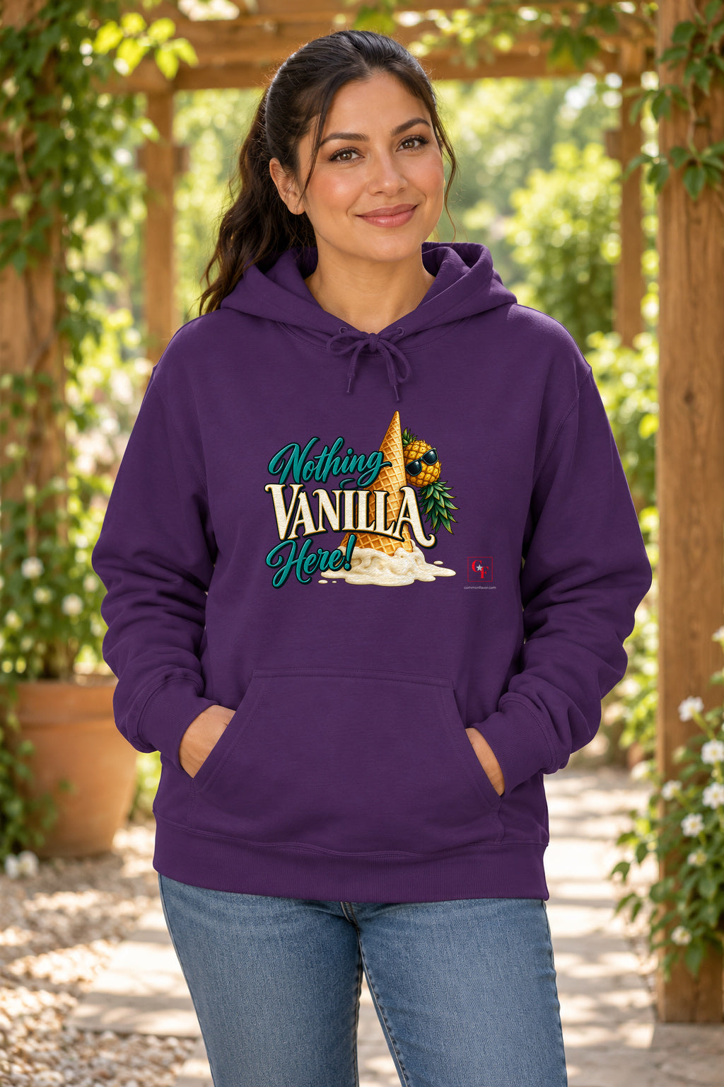 Nothing Vanilla Here Hoodie in Purple on a model outdoors — Common Flavor