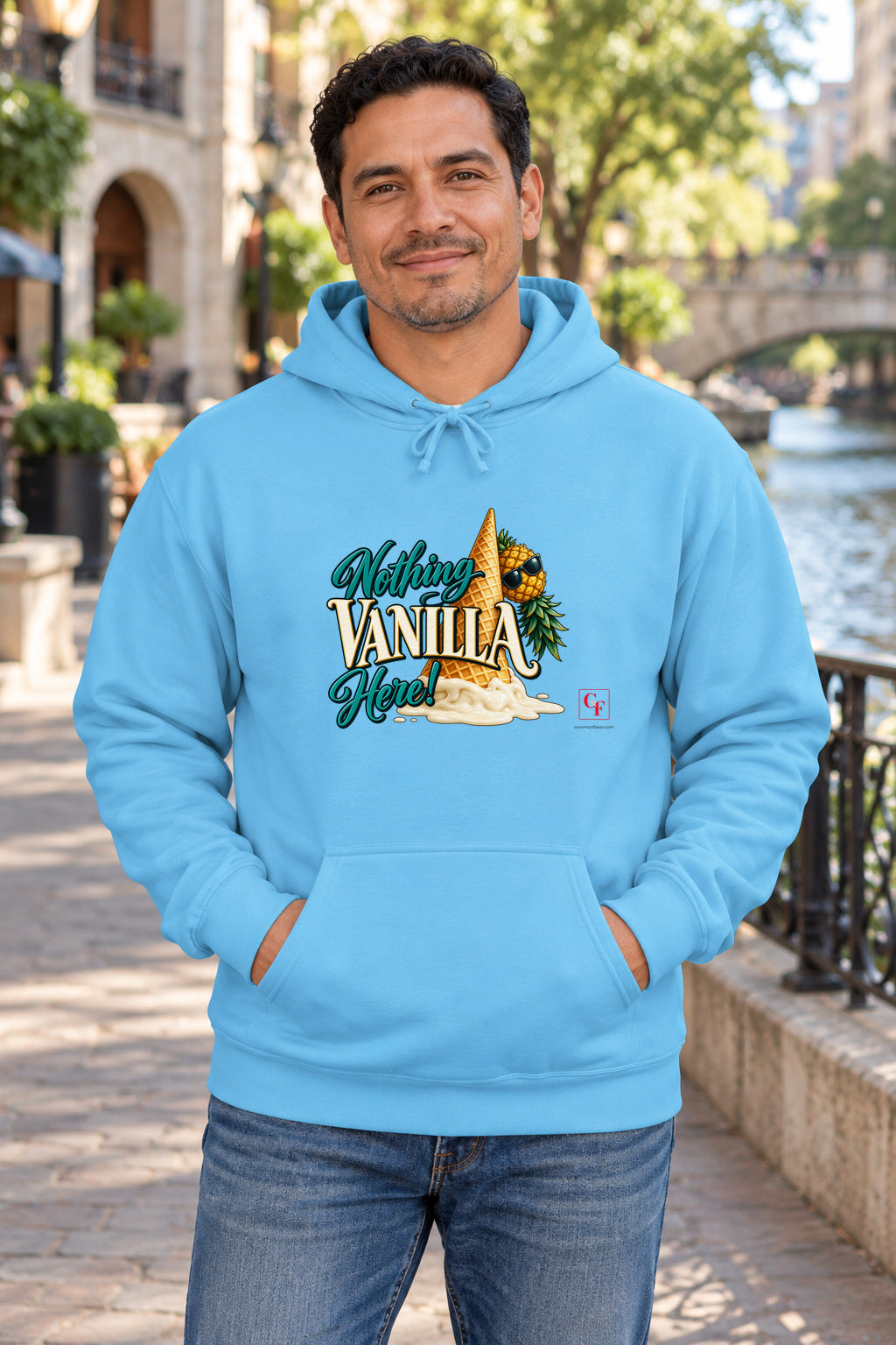 Nothing Vanilla Here Hoodie in Sky on a model outdoors — Common Flavor