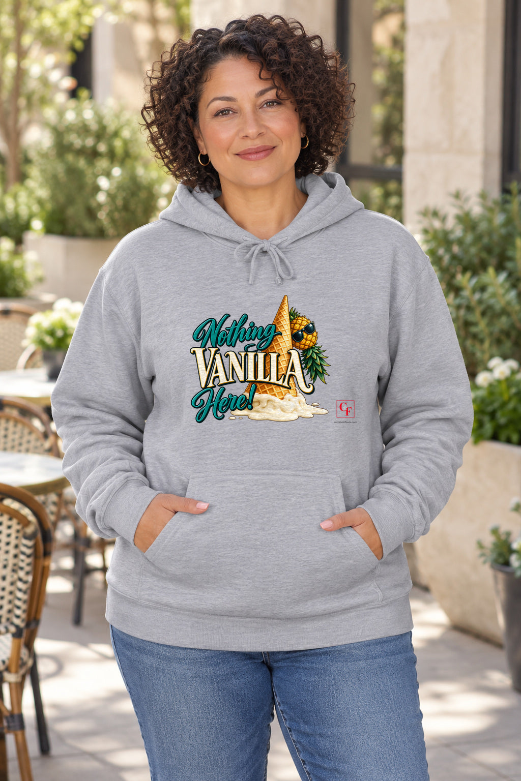Nothing Vanilla Here Hoodie in Sport Grey on a model outdoors — Common Flavor