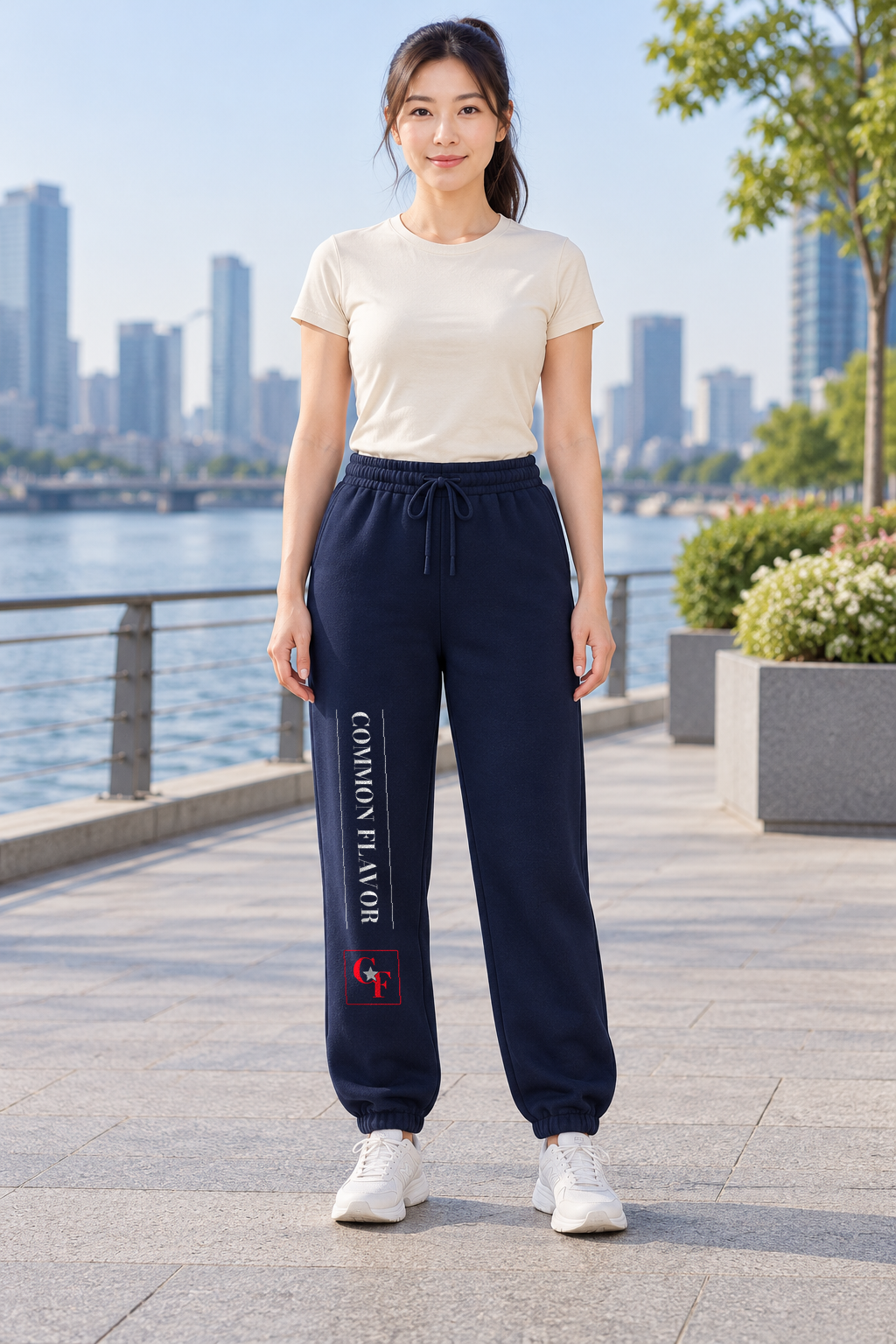 Model wearing Navy Common Flavor Classic Signature sweatpants outdoors