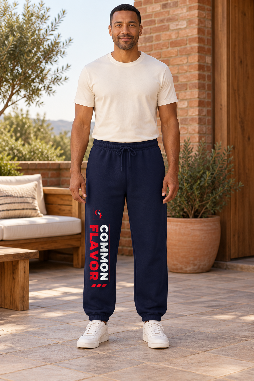 Model wearing Navy Common Flavor Sport Track sweatpants outdoors