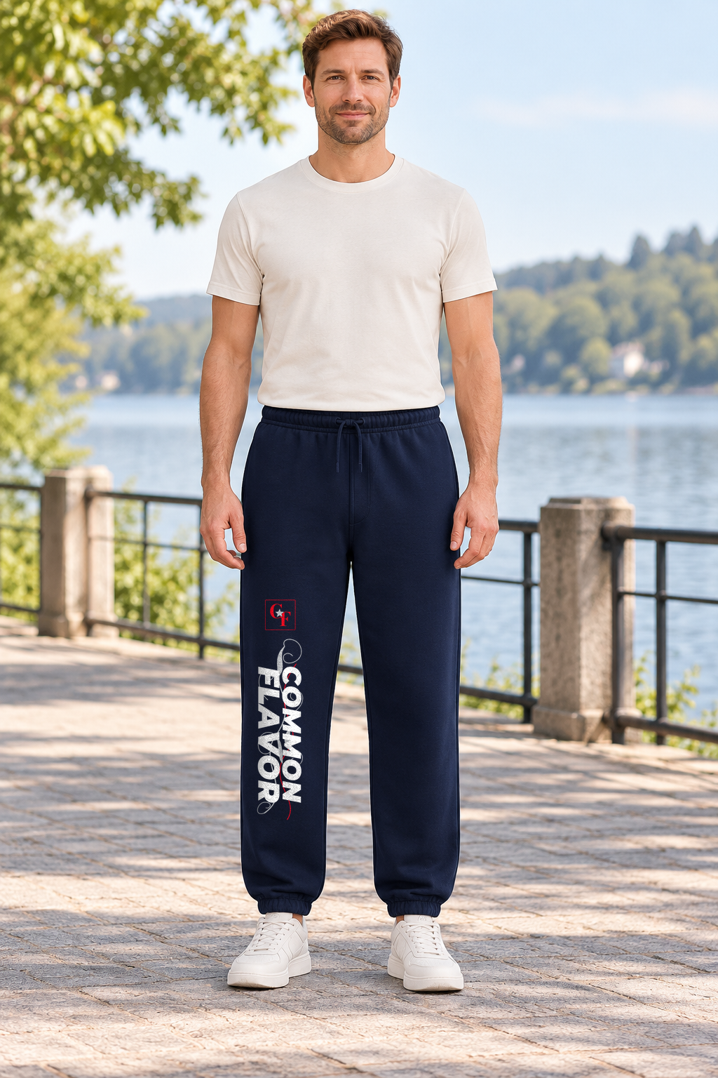 Model wearing Navy Common Flavor Sweeping Swirl sweatpants outdoors