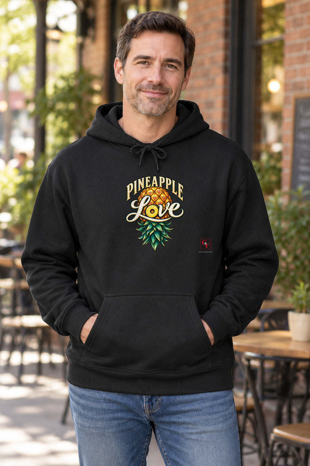 Pineapple Love Hoodie in Black on a model outdoors — Common Flavor