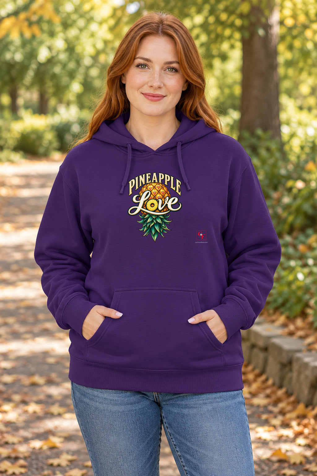 Pineapple Love Hoodie in Purple on a model outdoors — Common Flavor