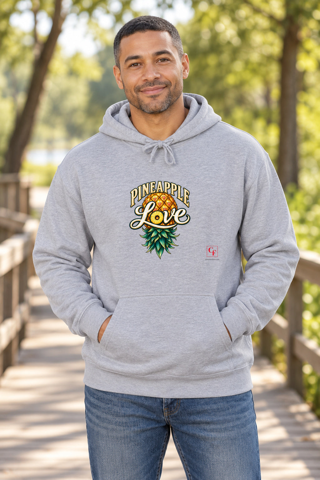 Pineapple Love Hoodie in Sport Grey on a model outdoors — Common Flavor
