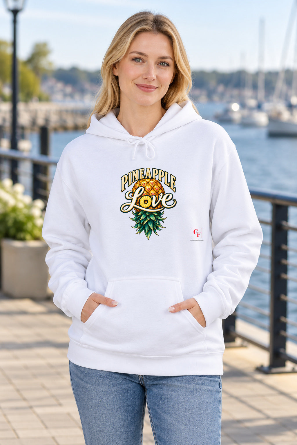 Pineapple Love Hoodie in White on a model outdoors — Common Flavor