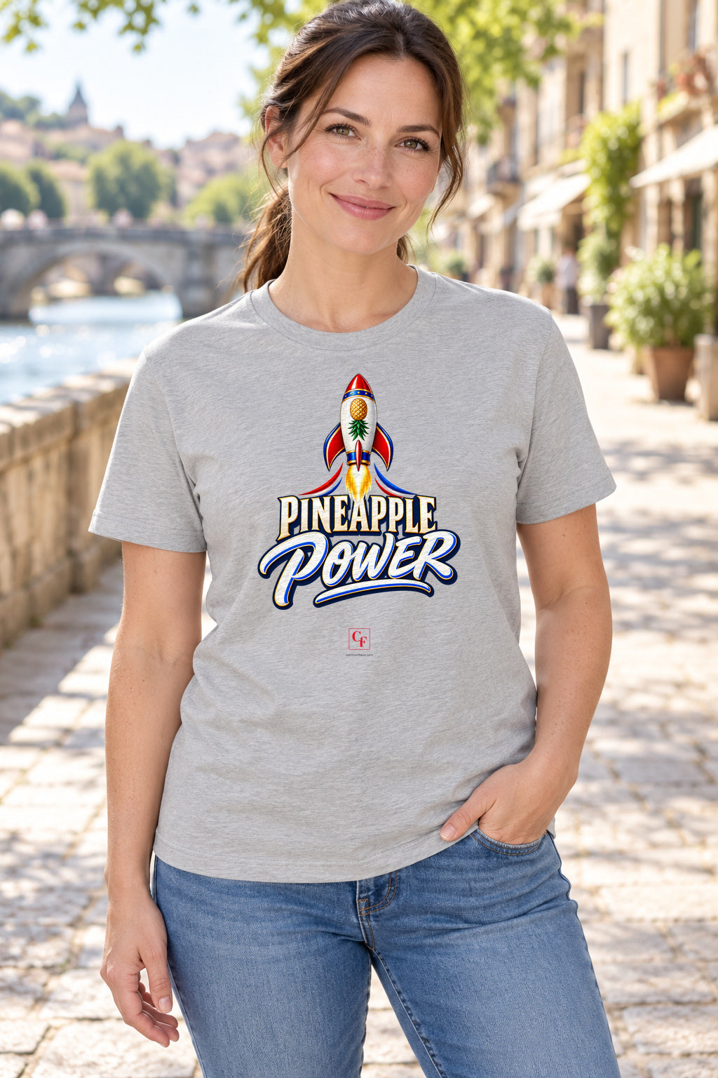Pineapple Power Tee in Athletic Heather, lifestyle model mockup