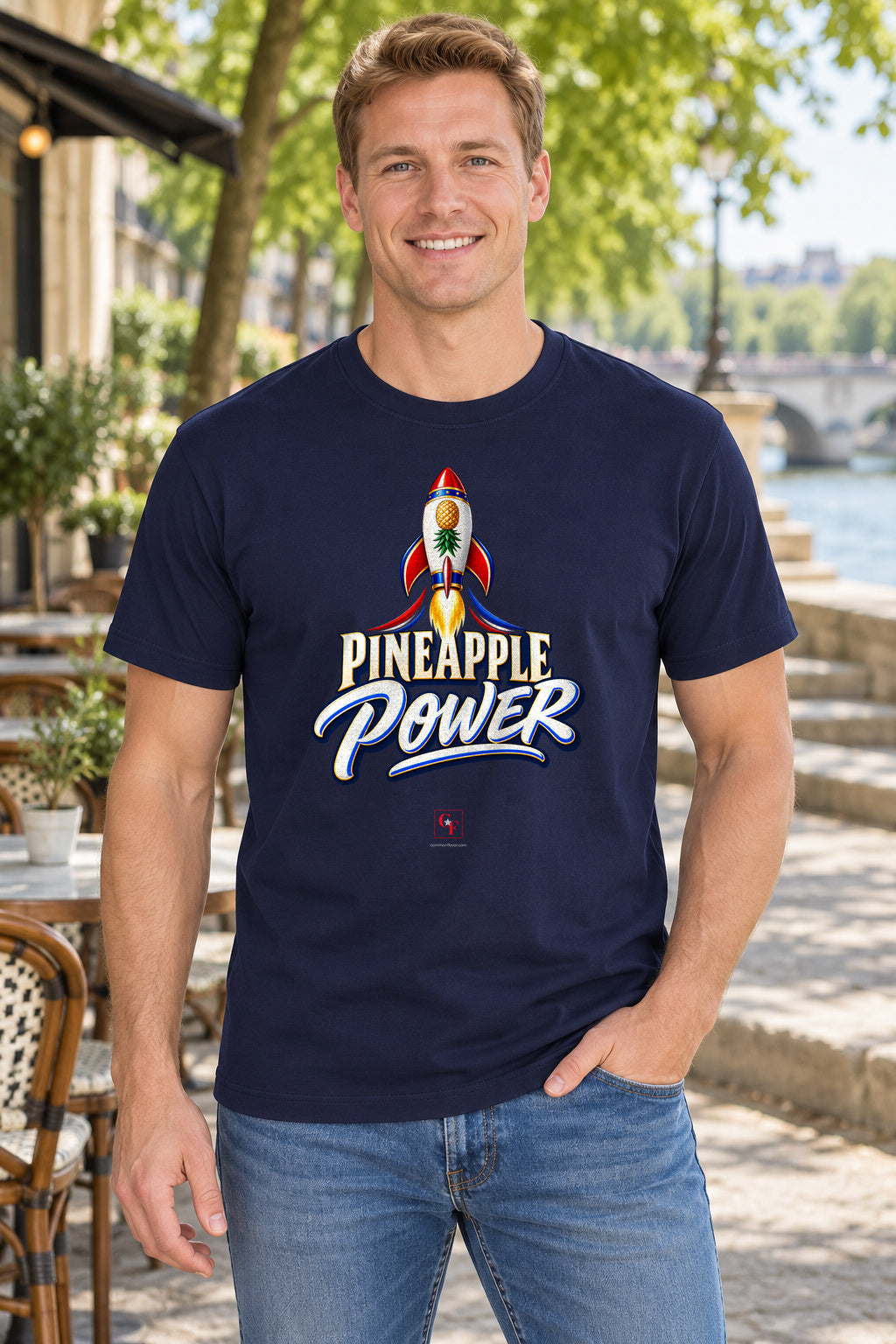 Pineapple Power Tee in Navy, lifestyle model mockup
