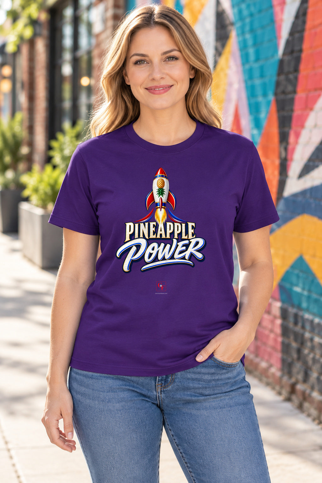 Pineapple Power Tee in Team Purple, lifestyle model mockup