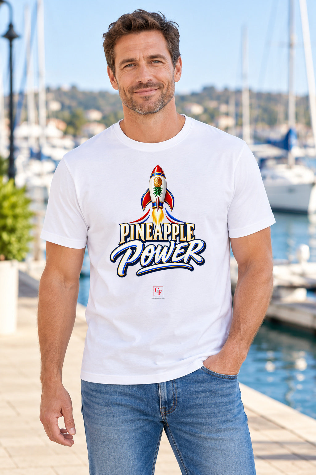 Pineapple Power Tee in White, lifestyle model mockup