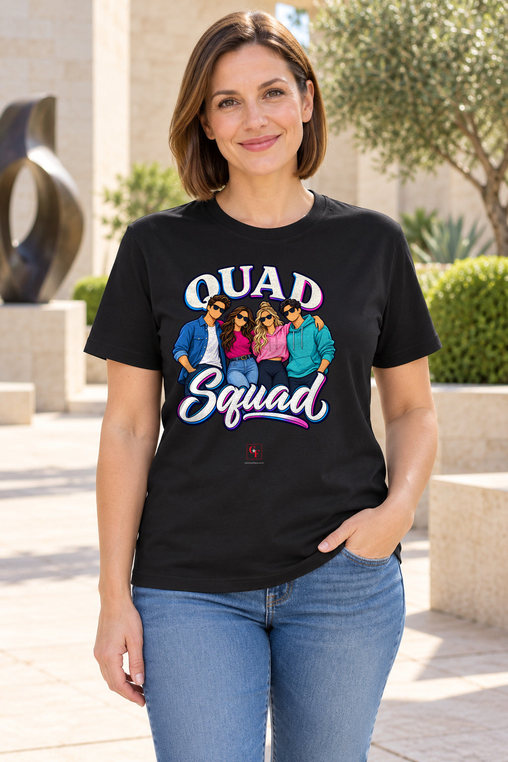 Quad Squad Tee in Black, lifestyle model mockup