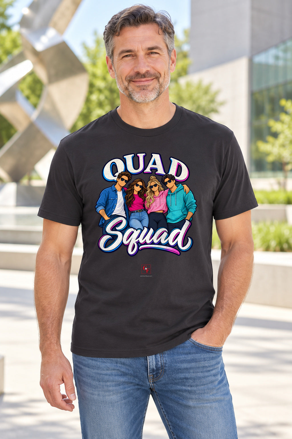 Quad Squad Tee in Dark Grey, lifestyle model mockup