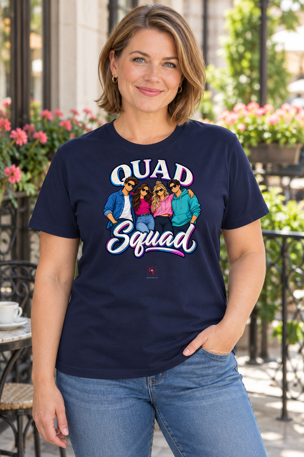 Quad Squad Tee in Navy, lifestyle model mockup