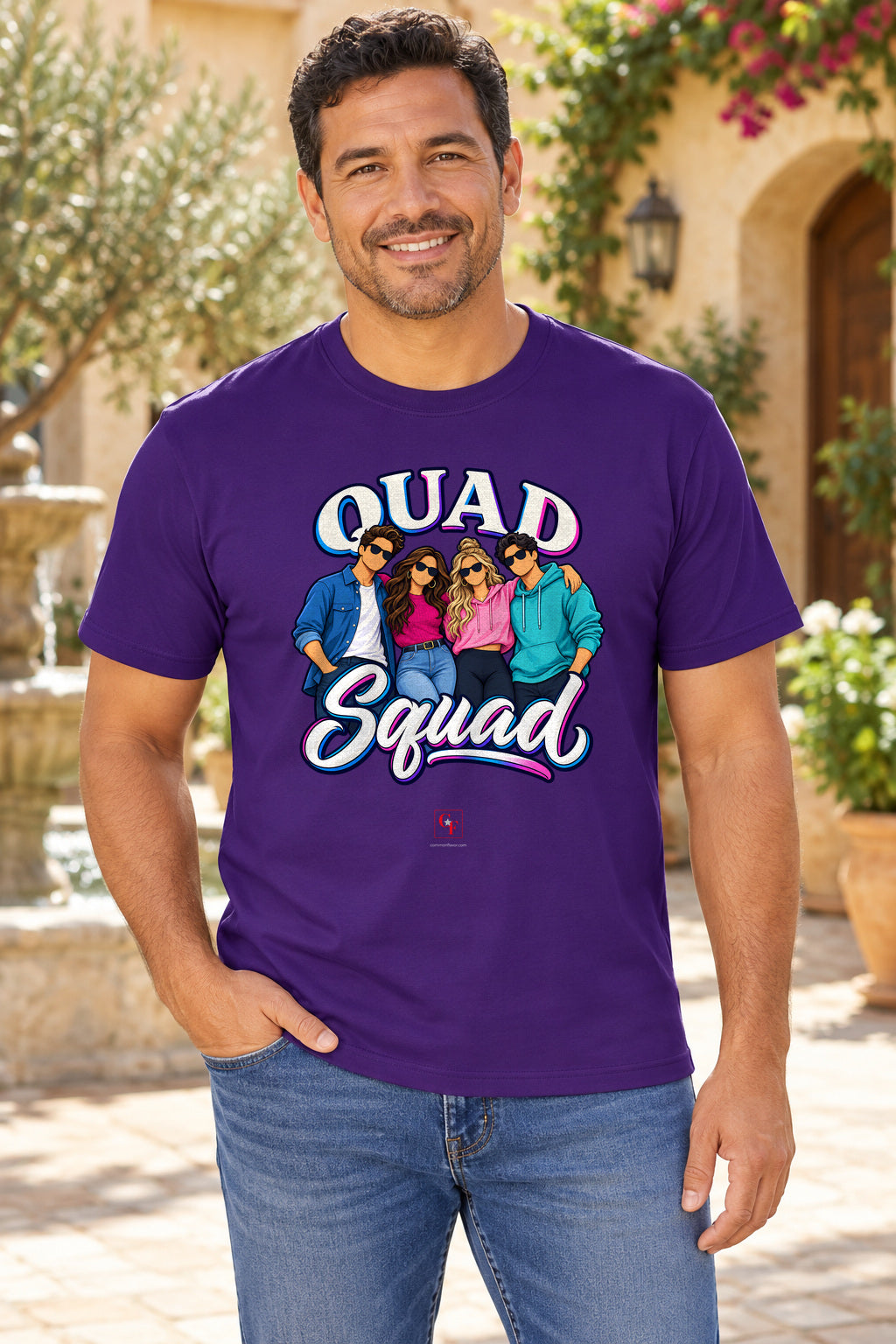 Quad Squad Tee in Team Purple, lifestyle model mockup