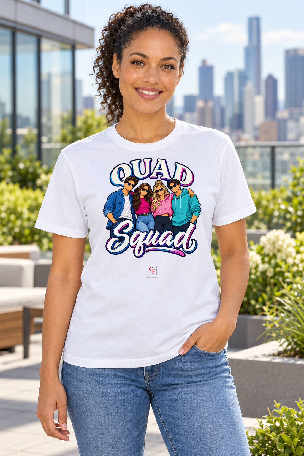 Quad Squad Tee in White, lifestyle model mockup