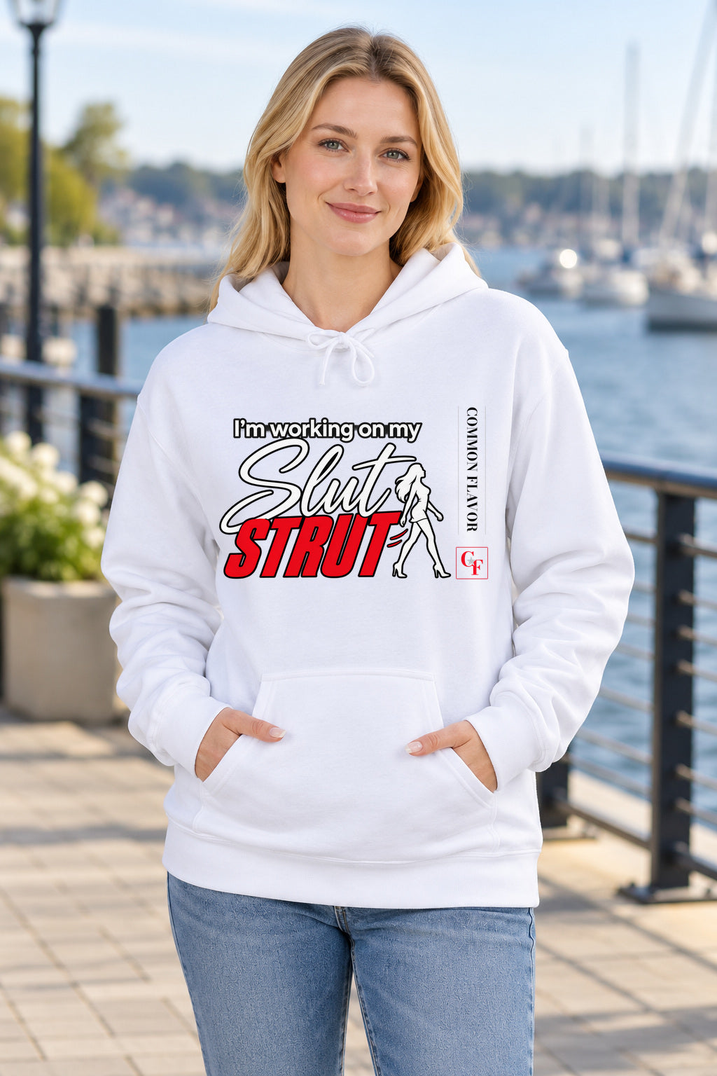 Slut Strut Variation Hoodie in White on a model outdoors — Common Flavor