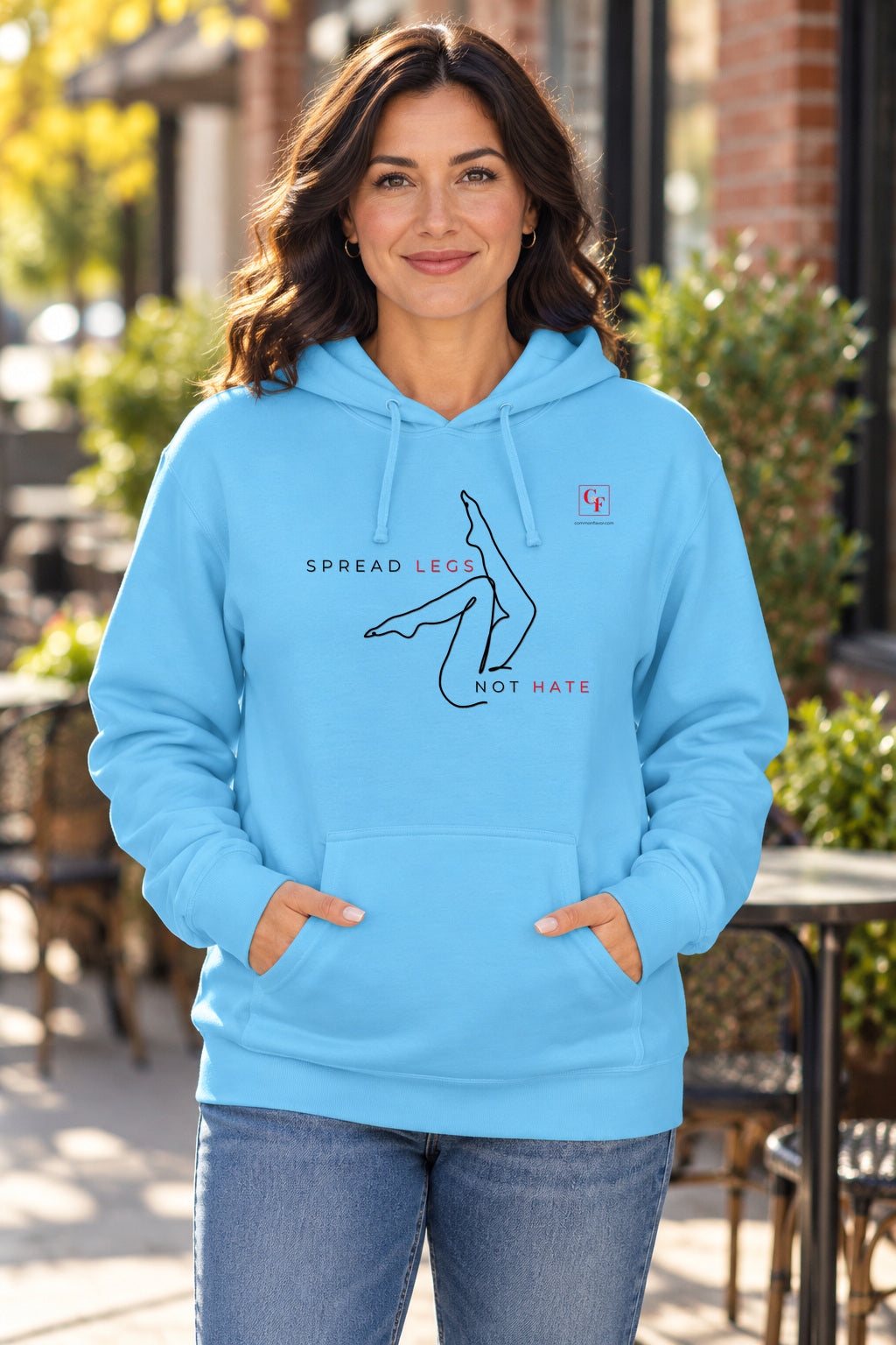 Spread Legs Hoodie in Sky on a model outdoors — Common Flavor