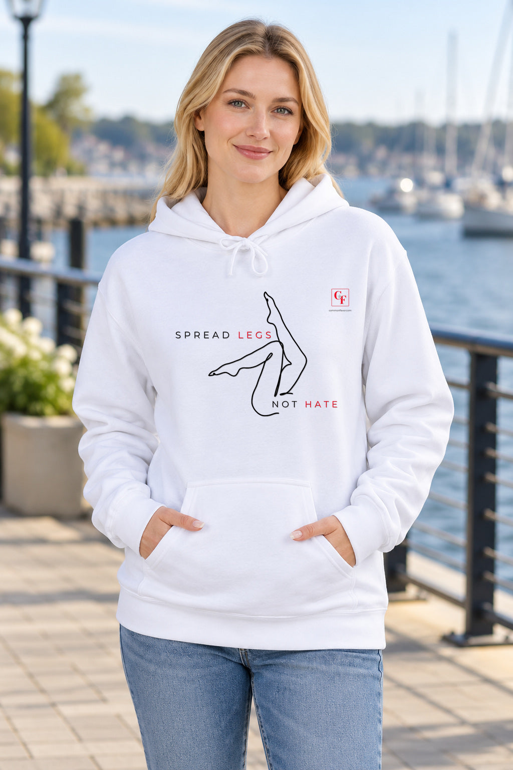 Spread Legs Hoodie in White on a model outdoors — Common Flavor