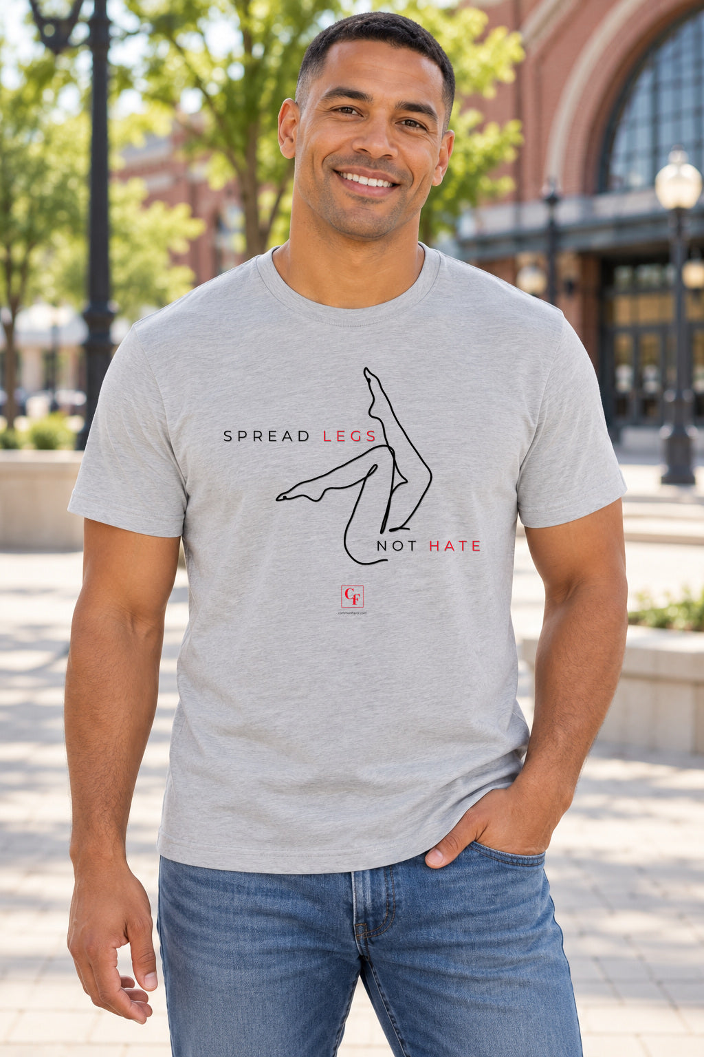 Spread Legs Tee in Athletic Heather, lifestyle model mockup