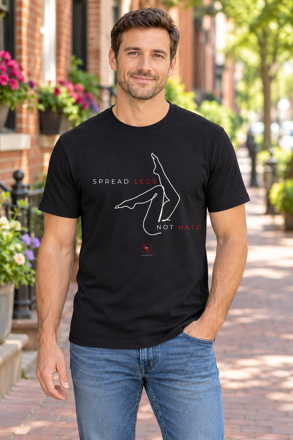 Spread Legs Tee in Black, lifestyle model mockup